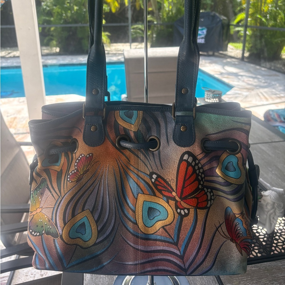 EUC, Anuschka Peacock Butterfly Multicolor Hand-Painted Shoulder Bag - Picture 3 of 15